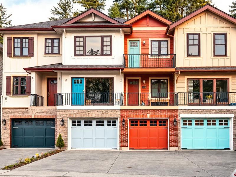 Row of beautiful homes with various colored garage doors showcasing color palette options