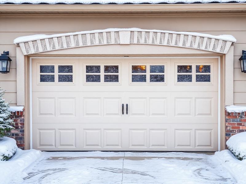 Residential garage door in winter snow scene showing proper weatherproofing