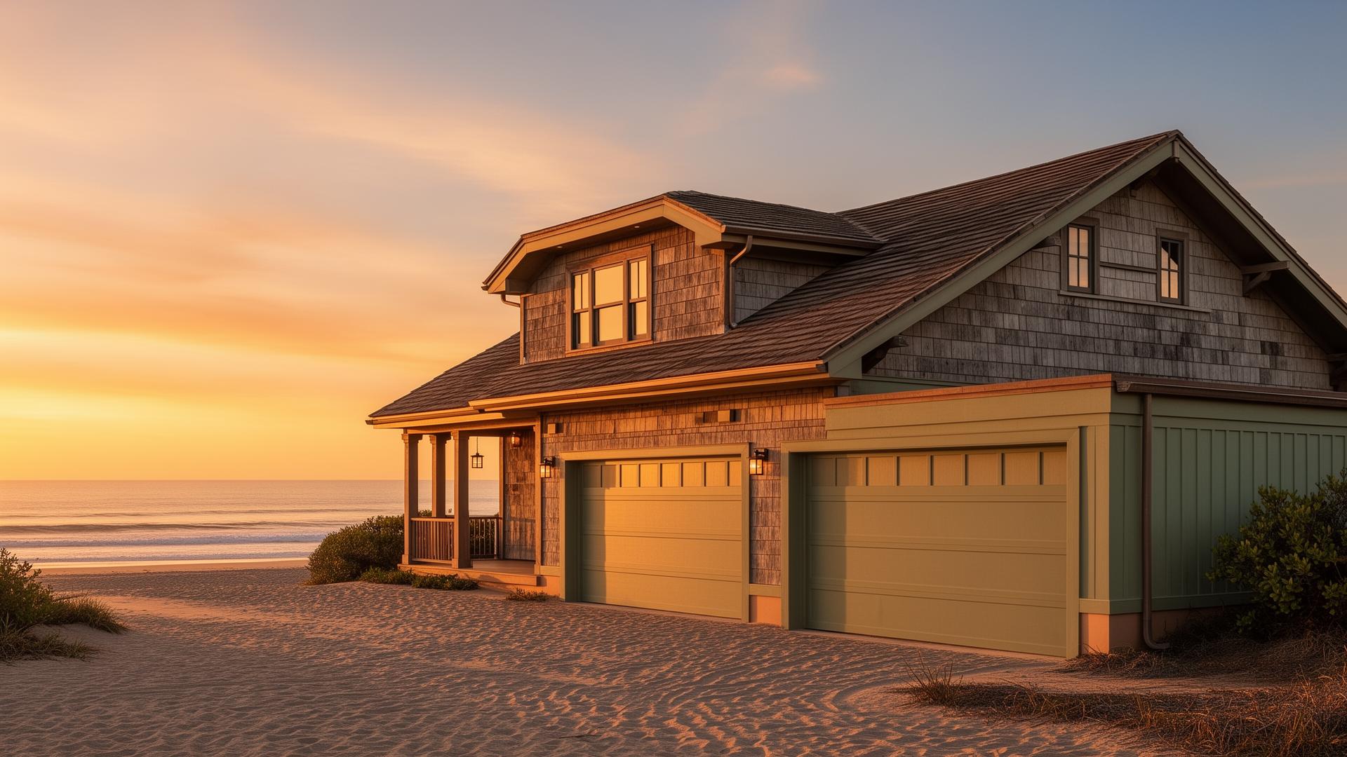 Beautiful coastal home with premium ranch style horizontal panel garage doors at golden hour sunset